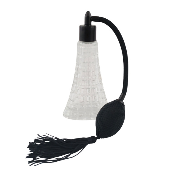 Vintage Style Clear Glass Perfume Atomizer Bottle with Black Bulb & Tassel 5" - Picture 1 of 9